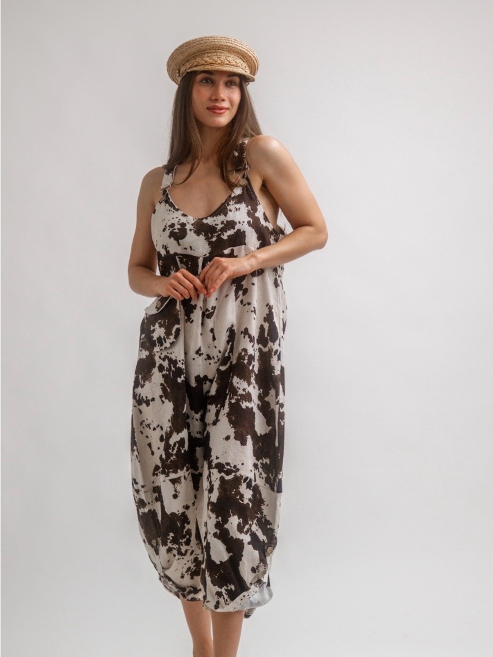 100% Linen Abstract Cow Print Barrel Leg Gaucho Style Overalls. Lagenlook. Artsy